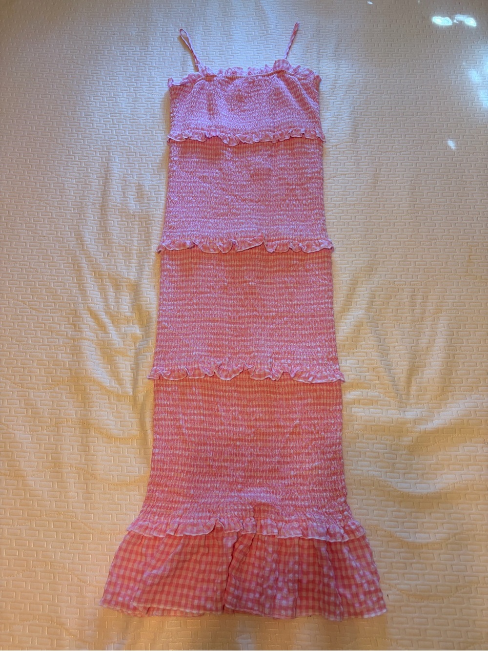 MARBLE Pink Gingham Trim Tiered Smocked Midi Dress